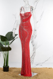Vestidos longos com patchwork sexy vermelho transparente com fenda nas costas e alça espaguete