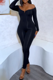 Svarta sexiga sportkläder Elegant enfärgad enfärgad Skinny Jumpsuits från axeln