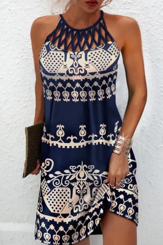 Navy Casual Print Hollowed Out O Neck Sleeveless Dress Dresses
