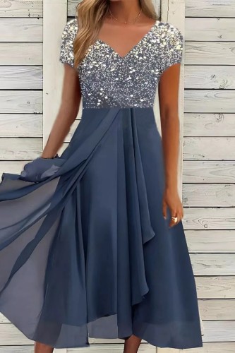 Navy Blue Casual Print Patchwork O Neck Short Sleeve Dress Dresses