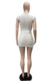 White Casual Solid Hollowed Out O Neck Wrapped Skirt Dresses