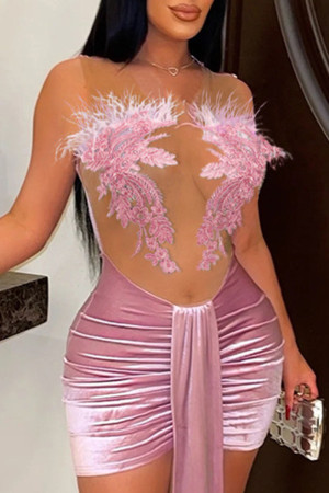 Pink Sexy Solid See-through Appliques V Neck Wrapped Skirt Dresses