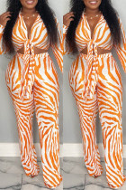 Orange Casual Striped Print Frenulum Turndown Collar Long Sleeve Two Pieces Front Tie Crop Tops And Pants Set