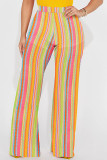 Pink Yellow Casual Striped Print Basic Regular High Waist Conventional Full Print Trousers