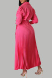 Rose Red Elegant Solid Patchwork Frenulum Fold POLO collar Pleated Dresses(With Belt)