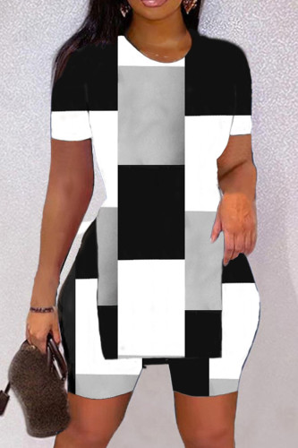 Black White Casual Print Slit O Neck Short Sleeve Two Pieces
