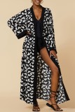 Coffee Casual Print Patchwork Cardigan Swimwears Cover Up