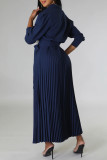 Blue Elegant Solid Patchwork Frenulum Fold POLO collar Pleated Dresses(With Belt)