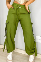 Pantalones de color sólido convencional de cintura alta regular de patchwork sólido casual verde militar