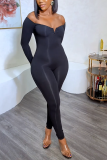 Zwarte sexy sportkleding Elegante effen effen kleur off-shoulder magere jumpsuits