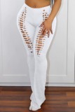 Pantalon de couleur unie conventionnel à taille haute décontracté solide évidé blanc