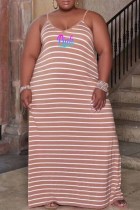 Light Brown Casual Striped Print Letter V Neck Sling Dress Plus Size Dresses