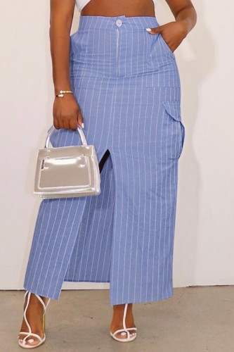 Falda convencional de cintura alta con abertura en el bolsillo a rayas azul casual