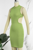 Ljusgrön Casual Solid Hollow Out Turtleneck ärmlösa klänningar