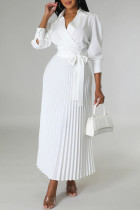 White Elegant Solid Patchwork Frenulum Fold POLO collar Pleated Dresses(With Belt)