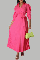 Розово-красные элегантные однотонные лоскутные платья с уздечками и воротником-поло с плиссированными платьями (с поясом)