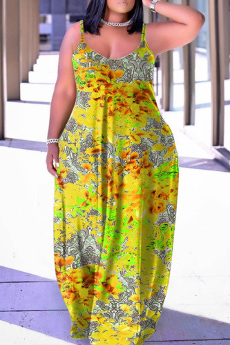 Yellow Sexy Casual Print Backless Spaghetti Strap Sleeveless Dress Dresses