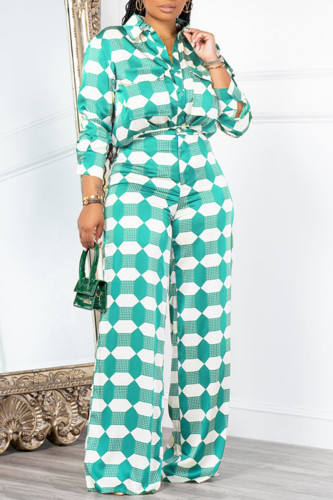 Green Casual Print Patchwork Turndown Collar Long Sleeve Two Pieces