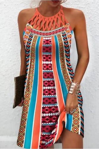 Rainbow Color Casual Print Hollowed Out O Neck Sleeveless Dress Dresses