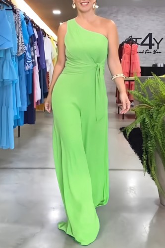 Green Casual Solid Backless Oblique Collar Regular Jumpsuits