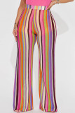 Pantalones casuales estampados a rayas básicos regulares de cintura alta estampado completo convencional rosa amarillo