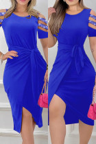 Blauwe casual patchwork effen patchwork Hot Drill O-hals jurk met korte mouwen