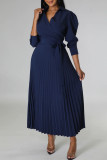 Blaue, elegante, solide Patchwork-Frenulum-Falte, POLO-Kragen, plissierte Kleider (mit Gürtel)