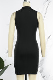 Черное повседневное однотонное базовое платье без рукавов с V-образным вырезом Платья
