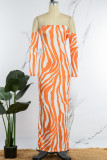 Oranje casual print backless off-shoulder lange jurk jurken