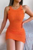 Оранжевые повседневные однотонные базовые платья без рукавов с круглым вырезом Платья