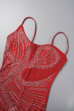 Rotes sexy Patchwork-heißes Bohren durchsichtige rückenfreie Schlitz-Spaghetti-Bügel-lange Kleid-Kleider