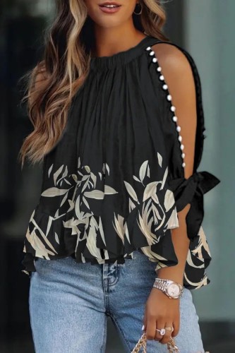 Black Casual Print Hollowed Out Frenulum Beading O Neck Tops