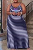 Deep Blue Casual Striped Print Letter V Neck Sling Dress Plus Size Dresses