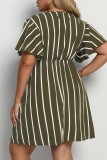 Army Green Casual Striped Print Patchwork V Neck Short Sleeve Dress Plus Size Dresses