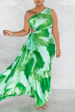 Vestido irregular de cuello oblicuo asimétrico con pliegues de patchwork estampado elegante sexy verde Vestidos