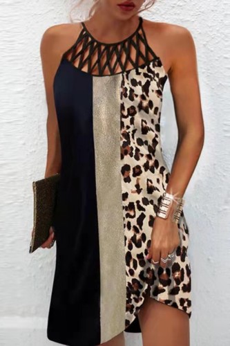 Leopard Print Casual Print Hollowed Out O Neck Sleeveless Dress Dresses