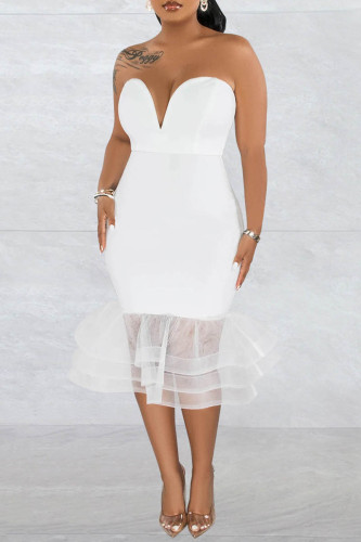 ホワイト セクシー フォーマル ソリッド バックレス ストラップレス イブニング ドレス ドレス