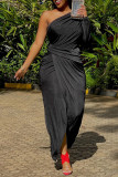Zwart Casual Dagelijks Elegant Eenvoud Asymmetrisch Afdrukken Een schouder Lange jurk Jurken