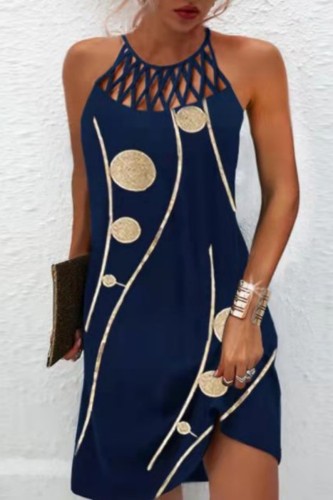 Deep Blue Casual Print Hollowed Out O Neck Sleeveless Dress Dresses