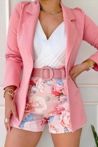 Pink Casual Print With Belt Turn-back Collar Long Sleeve Two Pieces