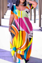Färg Casual Print Basic V-ringad kortärmad klänning