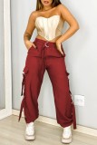 Pantalones de color sólido convencional de cintura alta regular de patchwork sólido casual burdeos