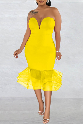 Желтое сексуальное вечернее платье с открытой спиной и без бретелек
