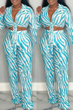 Light Blue Casual Striped Print Frenulum Turndown Collar Long Sleeve Two Pieces Front Tie Crop Tops And Pants Set