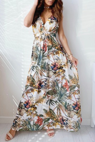 White Casual Print Frenulum Backless V Neck Long Dress Dresses