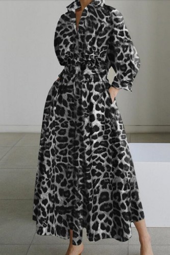 Grey Casual Print Leopard Patchwork Turndown Collar Long Sleeve Dresses