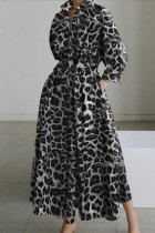 Grijze casual print luipaard patchwork turndown kraag lange mouw jurken