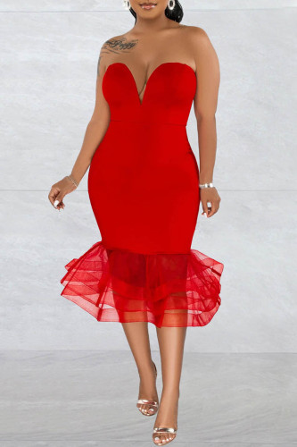 Röda sexiga formella solida rygglösa axelbandslösa aftonklänningar