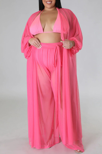 Pink Sweet Solid See-through Mesh Cardigan Collar Plus Size Two Pieces(Without Bikinis )