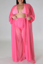 Pink Sweet Solid See-through Mesh Cardigan Collar Plus Size Dos piezas (sin bikinis)
